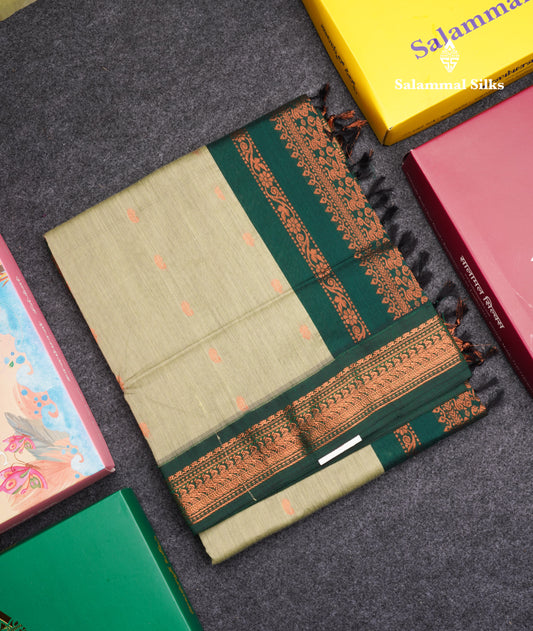Moss Green Kalyani Cotton Saree With Contrast Bottle Green Border