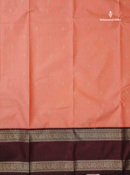 Semi Silk Saree - Mehandi Green Butta With Small Checks Along With Contrast Dark Maroon Traditional Gap Border
