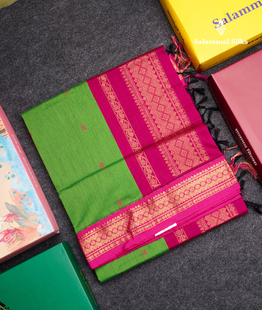 Green Kalyani Cotton Saree With Contrast Magenta Pink Border