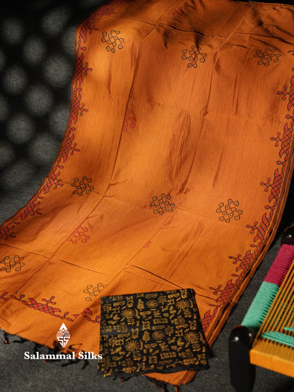 Beautiful Mustard Yellow Printed South Cotton Saree With Contrast Black Blouse