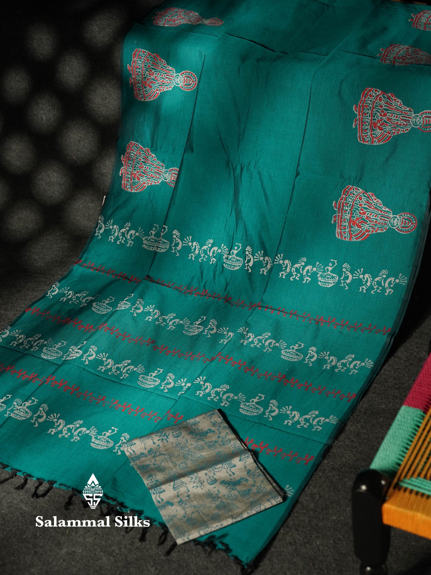 Beautiful Peacock Green Printed South Cotton Saree With Contrast Ash Blouse