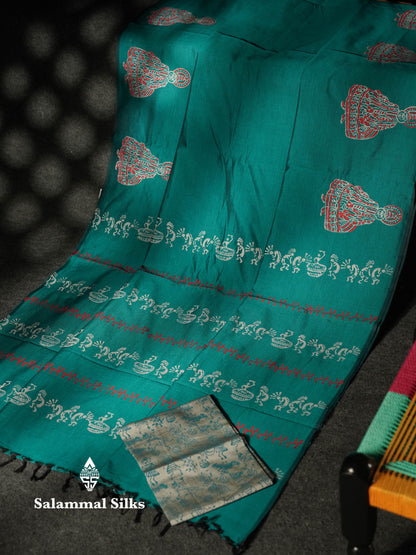 Beautiful Peacock Green Printed South Cotton Saree With Contrast Ash Blouse