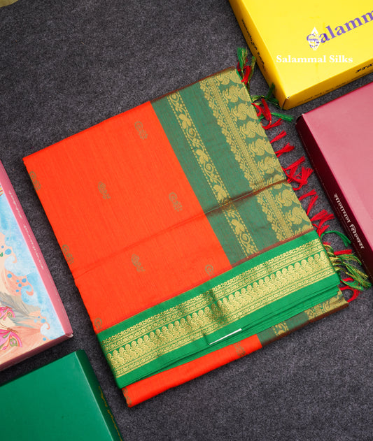 Orange Kalyani Cotton Saree With Contrast Green Border