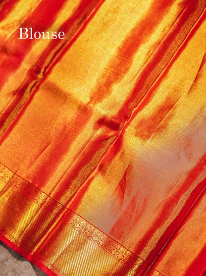 Beautiful Light Lavender Tissue Bridal Pure Kanjivaram Silk Saree With Contrast Chilly Red Pallaku Border