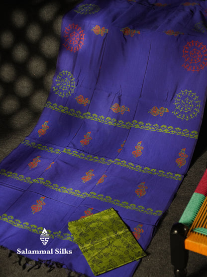 Beautiful Royal Blue South Cotton Printed Saree With Contrast Parrot Green Blouse
