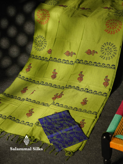 Beautiful Parrot Green South Cotton Printed Saree With Contrast Violet Blouse