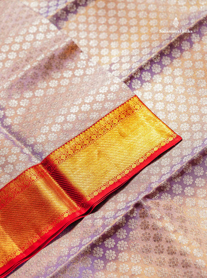 Beautiful Light Lavender Tissue Bridal Pure Kanjivaram Silk Saree With Contrast Chilly Red Pallaku Border
