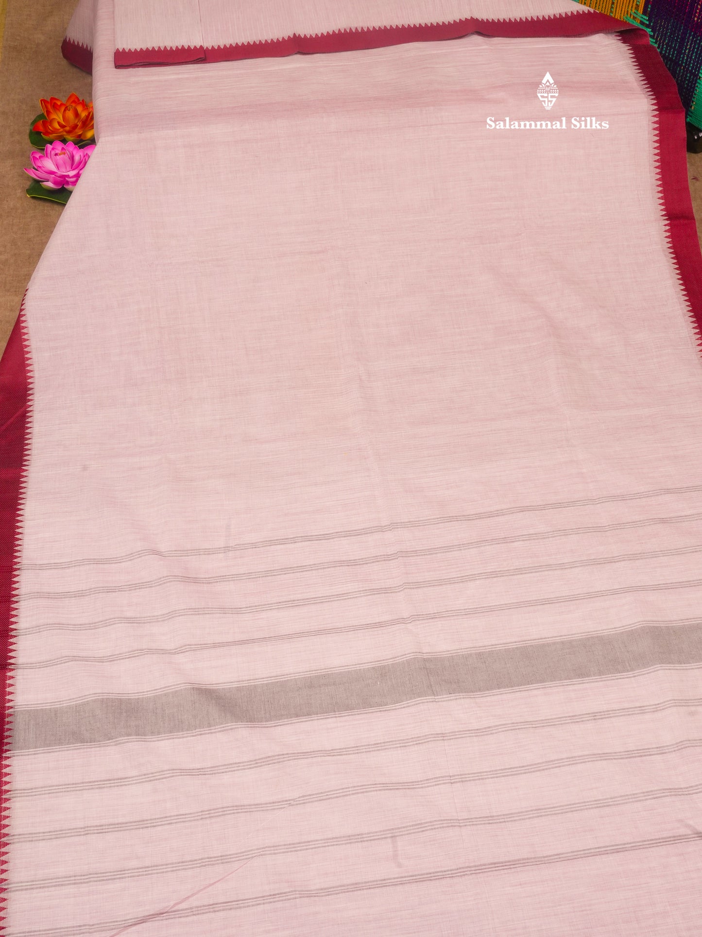 Light Pink Beautiful Pure Cotton Saree With Contrast Dark Maroon Small Temple Border