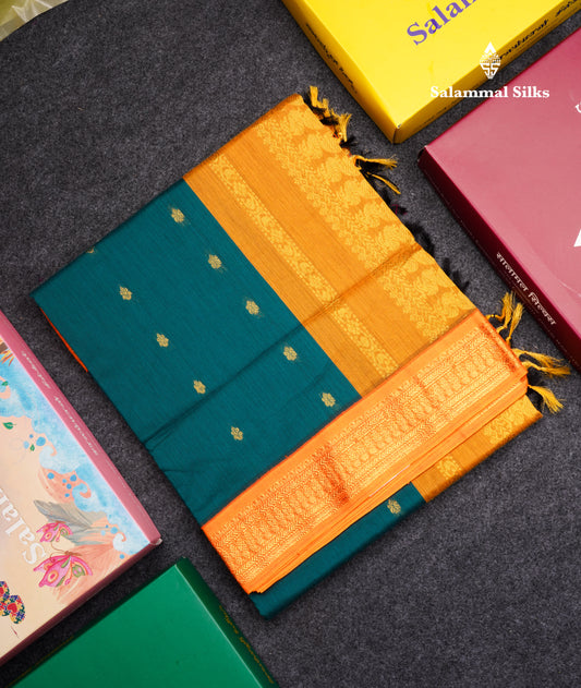 Peacock Green Kalyani Cotton Saree With Contrast Mustard Yellow Border