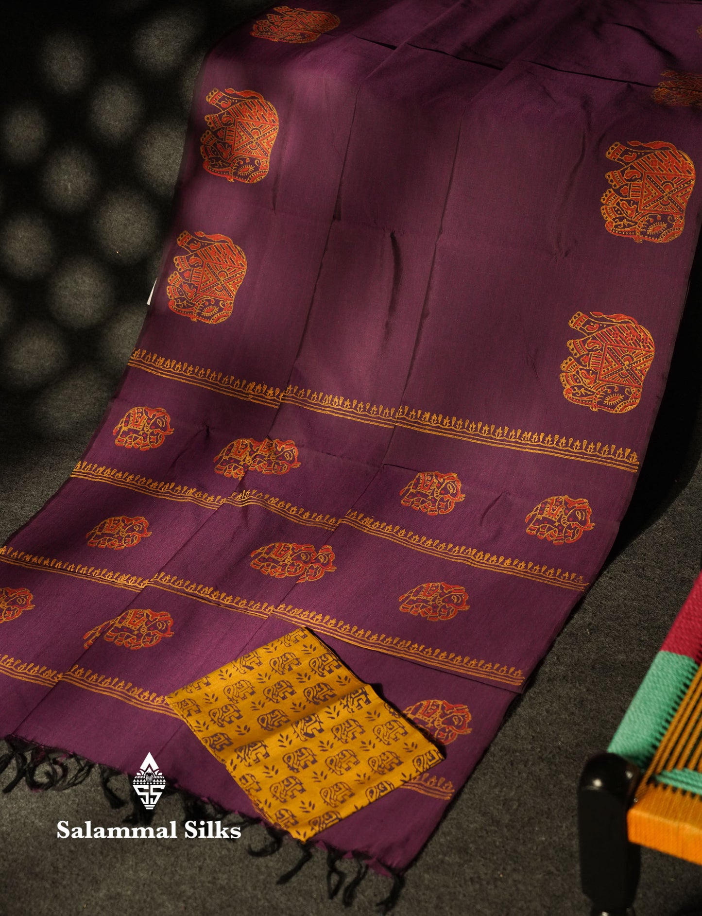 Beautiful Dark Purple South Cotton Printed Saree With Contrast Yellow Blouse