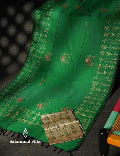 Beautiful Bottle Green Printed South Cotton Saree With Contrast Beige Blouse