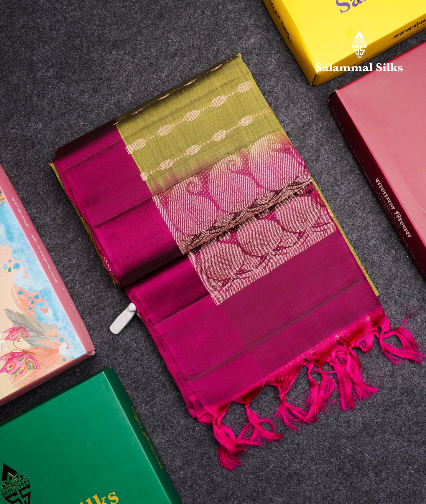 Olive Green Pure Silk Mix Soft Silk Saree With Contrast Magenta Border