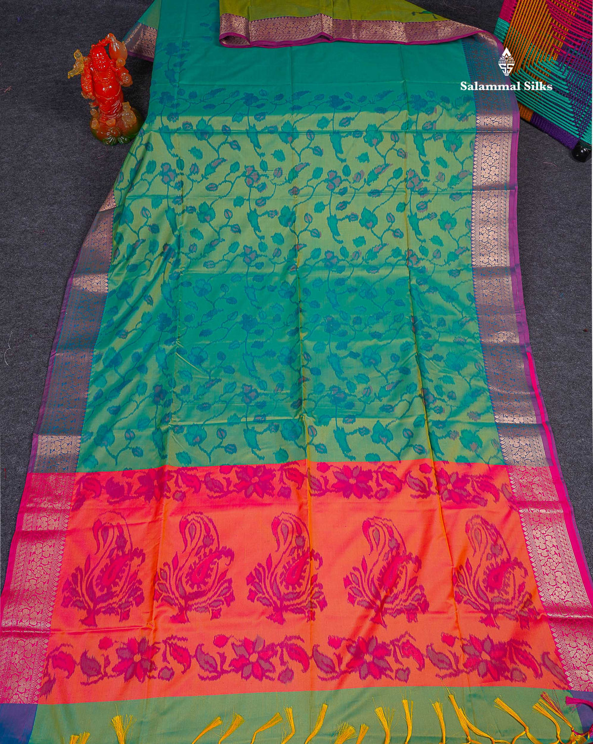 Semi Silk Saree - Sapphire Green Colour Body Pochampally Design With Fancy Border