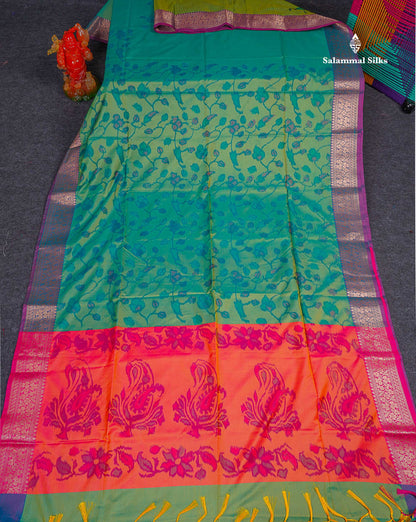 Semi Silk Saree - Sapphire Green Colour Body Pochampally Design With Fancy Border
