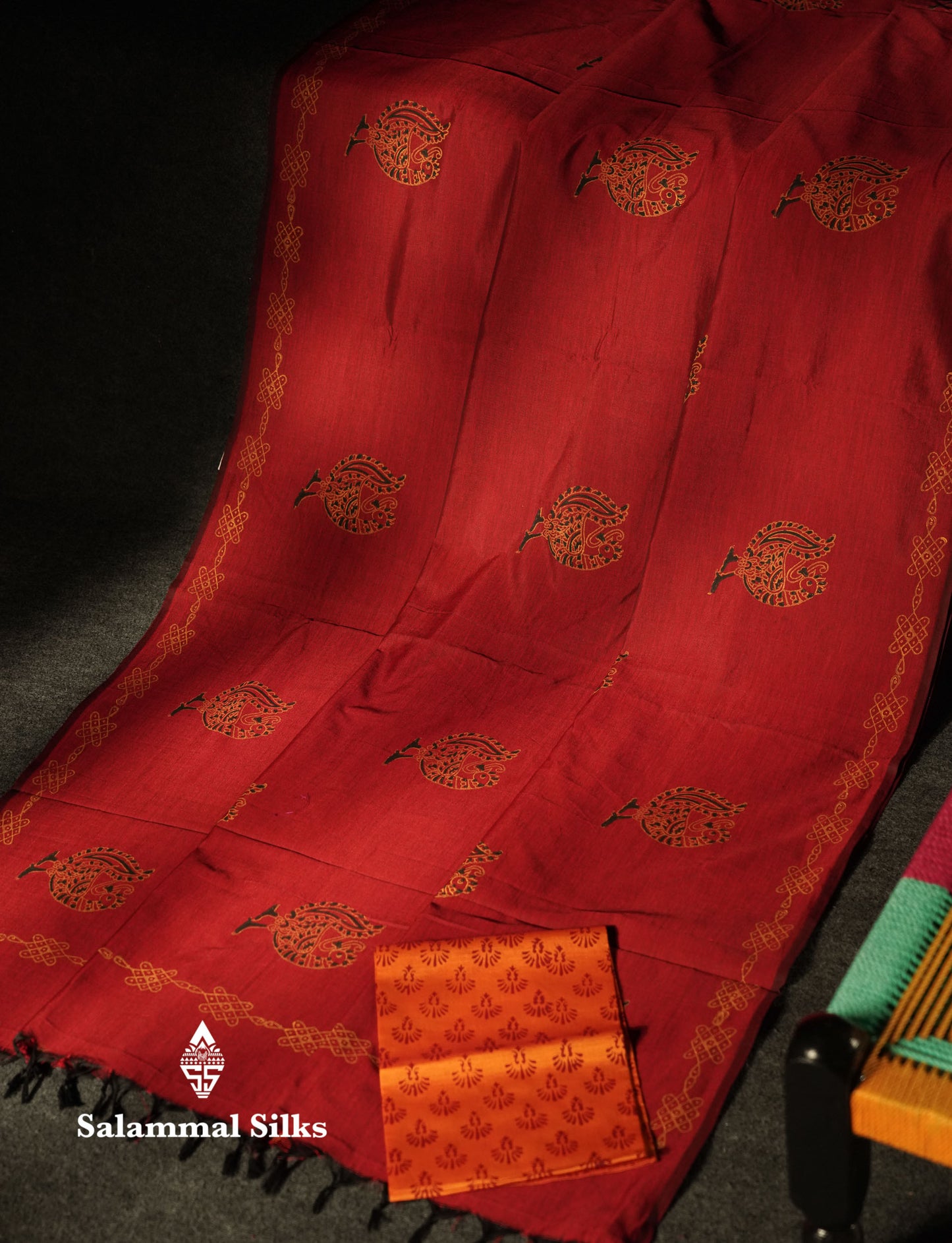 Beautiful Maroon Printed South Cotton Saree With Contrast Fanta Orange Blouse