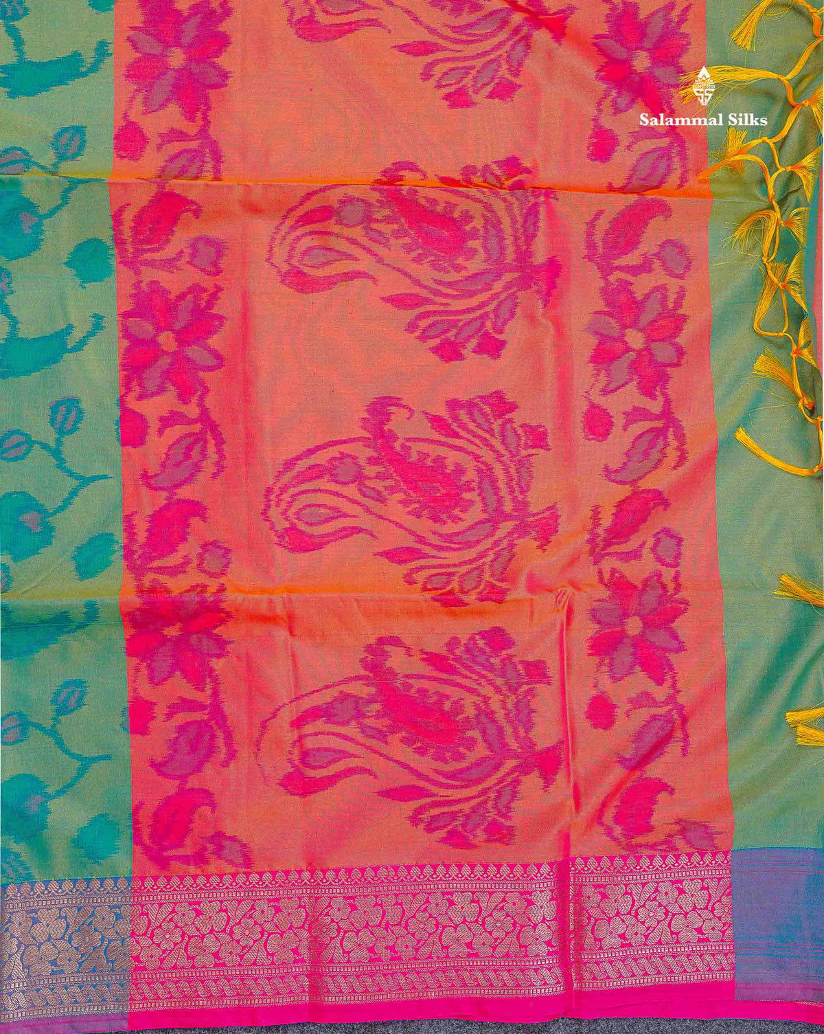 Semi Silk Saree - Sapphire Green Colour Body Pochampally Design With Fancy Border
