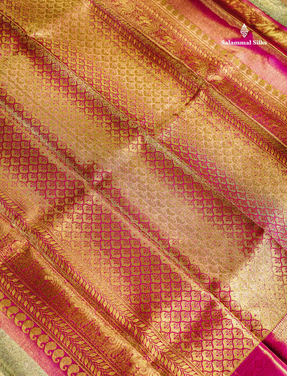 Light Parrot Green Tissue Bridal Pure Kanjivaram Silk Saree With Contrast Magenta Pink Border