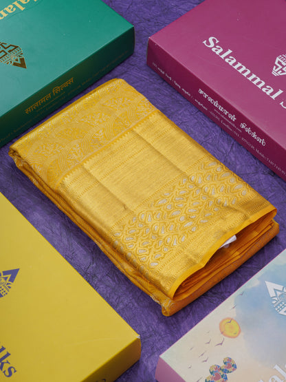 Golden Yellow Bridal Pure Kanjivaram Silk Saree With Self Evening Morning Meenakari Work Border