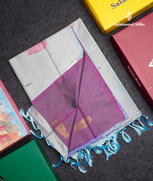 Dual Tone Purple Banana Pinth Saree (Vaazhainaar Pattu) With Contrast Pastel Blue Blouse