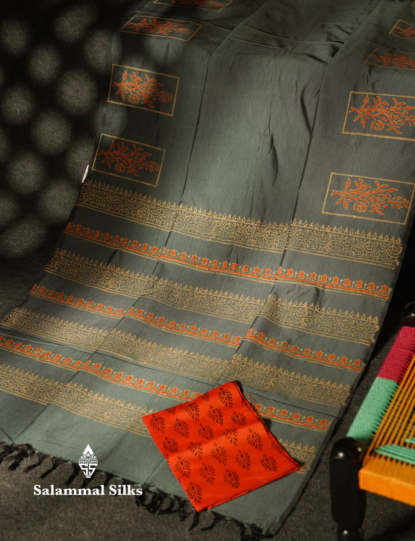 Beautiful Dark Grey Printed South Cotton Saree With Contrast Orange Blouse