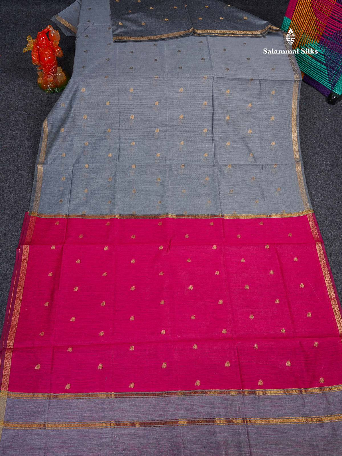 Maheshwari Cotton Saree - Grey Colour Body Zari Butta With Contrast Pink Blouse