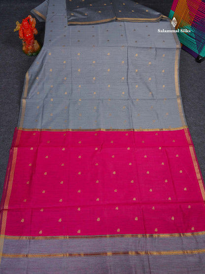 Maheshwari Cotton Saree - Grey Colour Body Zari Butta With Contrast Pink Blouse