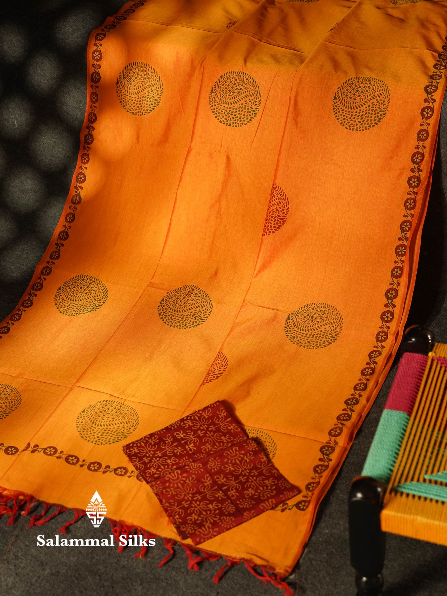 Beautiful Fanta Orange Printed South Cotton Saree With Contrast Maroon Blouse