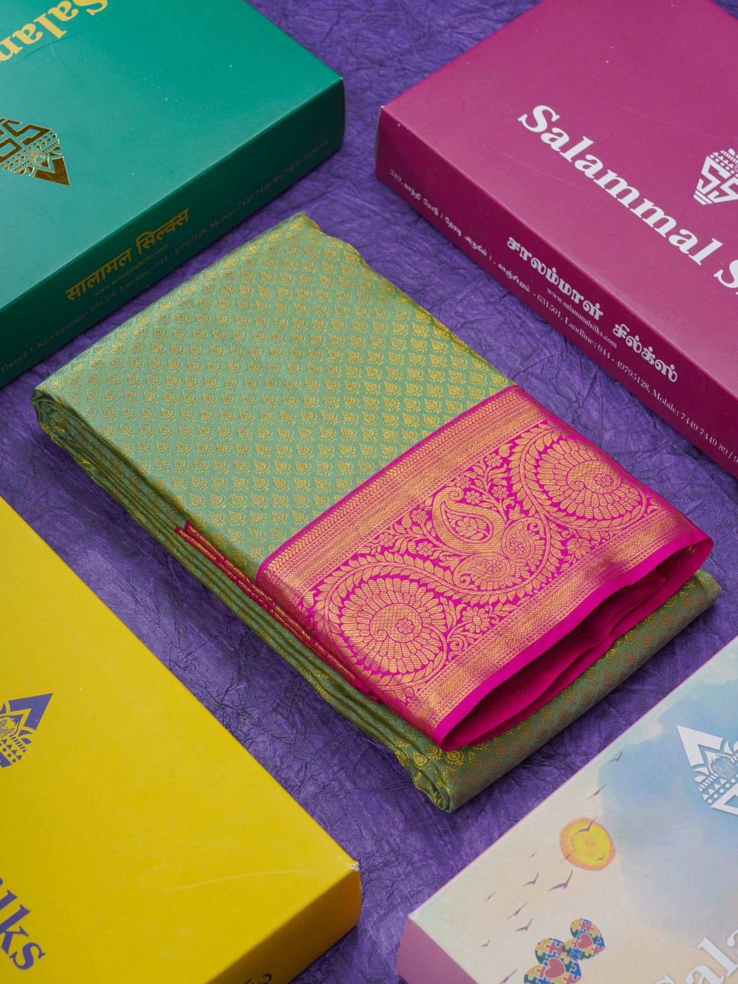 Sapphire Green Grand Jacquard Bridal Pure Kanjivaram Silk Saree With Magenta Pink Border