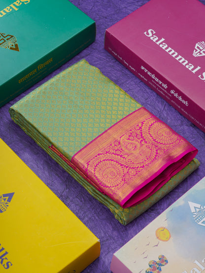 Sapphire Green Grand Jacquard Bridal Pure Kanjivaram Silk Saree With Magenta Pink Border