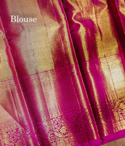 Light Parrot Green Tissue Bridal Pure Kanjivaram Silk Saree With Contrast Magenta Pink Border