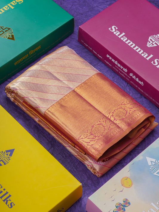 Beautiful Gold & Red Tissue Bridal Pure Kanjivaram Silk Saree With Contrast Brown Broder