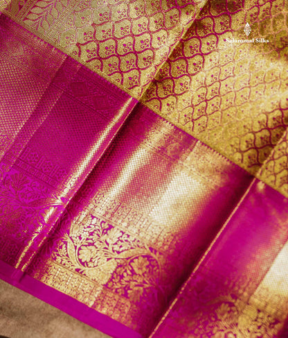 Light Parrot Green Tissue Bridal Pure Kanjivaram Silk Saree With Contrast Magenta Pink Border