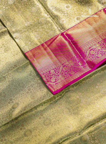 Light Parrot Green Tissue Bridal Pure Kanjivaram Silk Saree With Contrast Magenta Pink Border