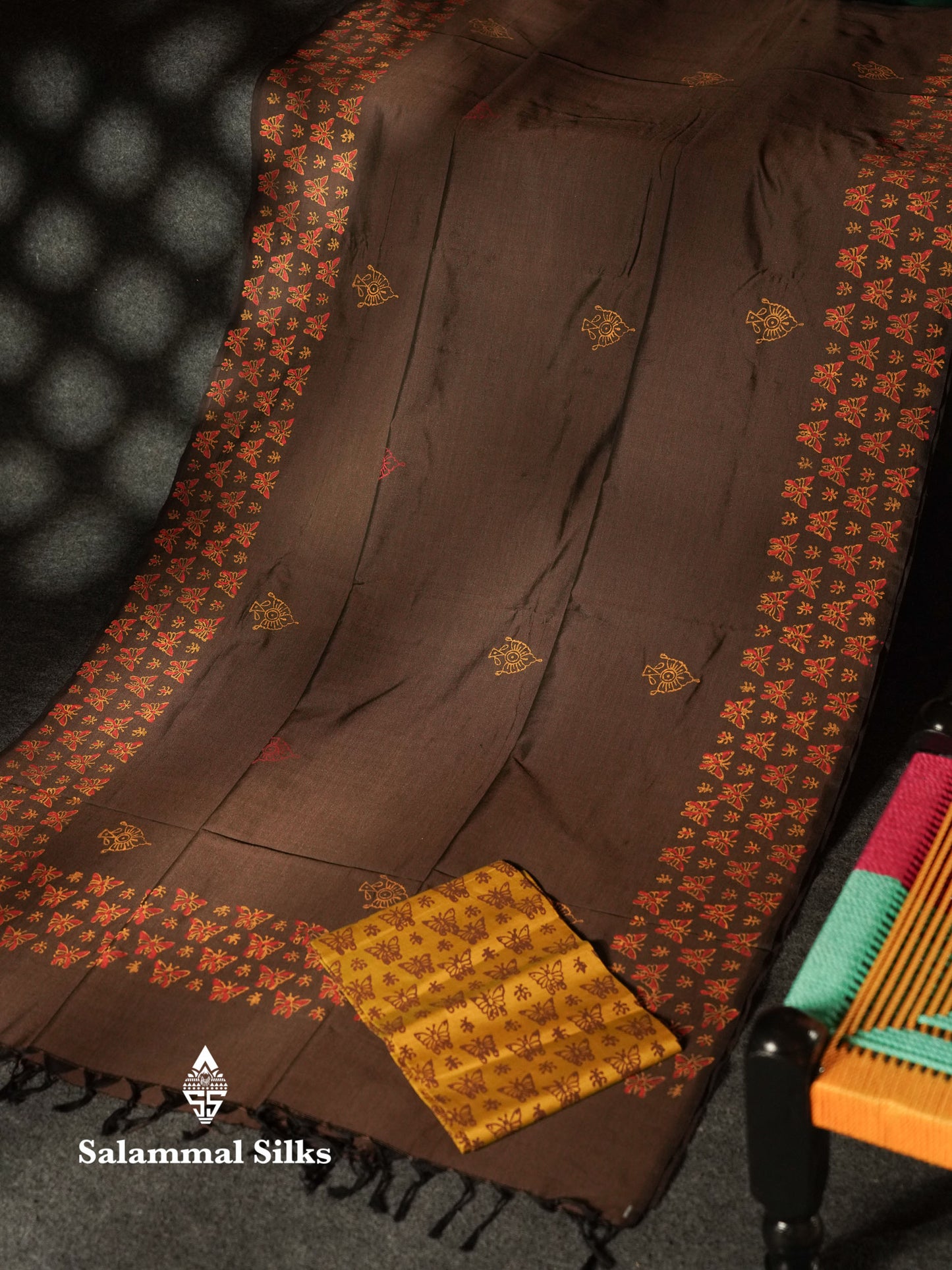 Beautiful Coffe Brown Printed South Cotton Saree With Contrast Parrot Green Blouse