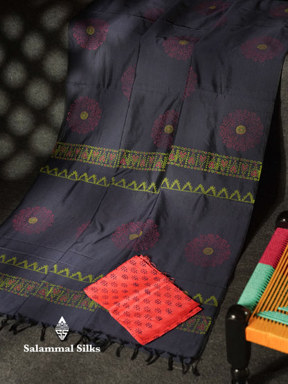 Beautiful Dual Tone Violet South Cotton Printed Saree With Contrast Dark Peach Blouse
