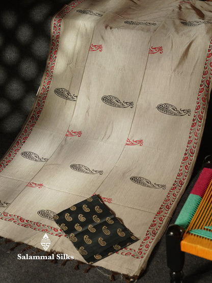 Beautiful Light Gey Printed South Cotton Saree With Contrast Dark Grey Blouse