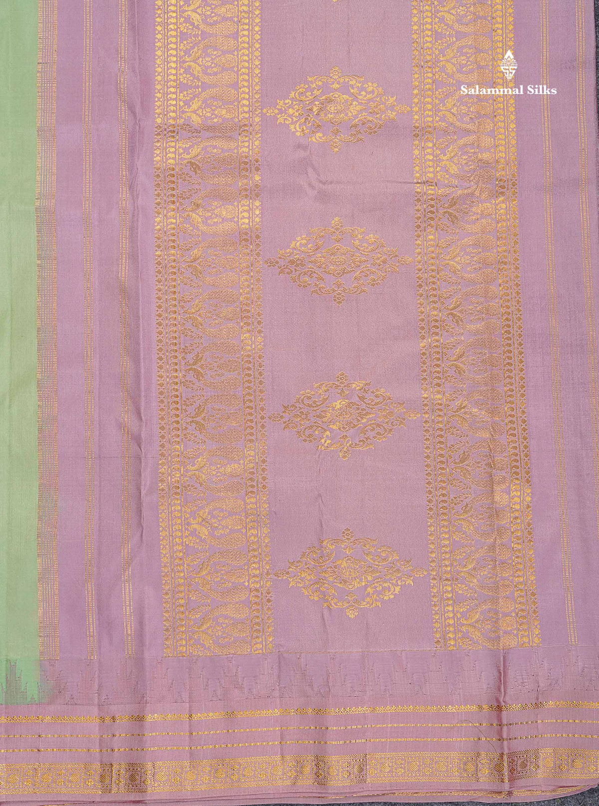 Pure Kanjivaram Silk Saree - Pista Green Colour Body With Contrast Light Lavender Temple Border