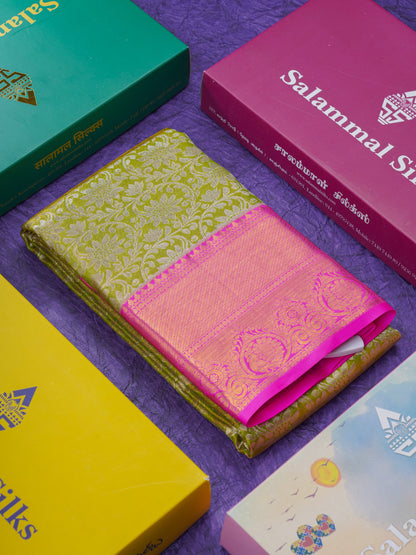 Olive Green Beautiful Grand Tissue Bridal Pure Silk Saree With Pink Border
