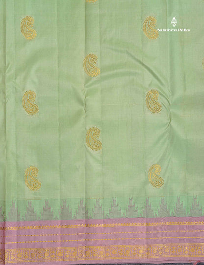 Pure Kanjivaram Silk Saree - Pista Green Colour Body With Contrast Light Lavender Temple Border