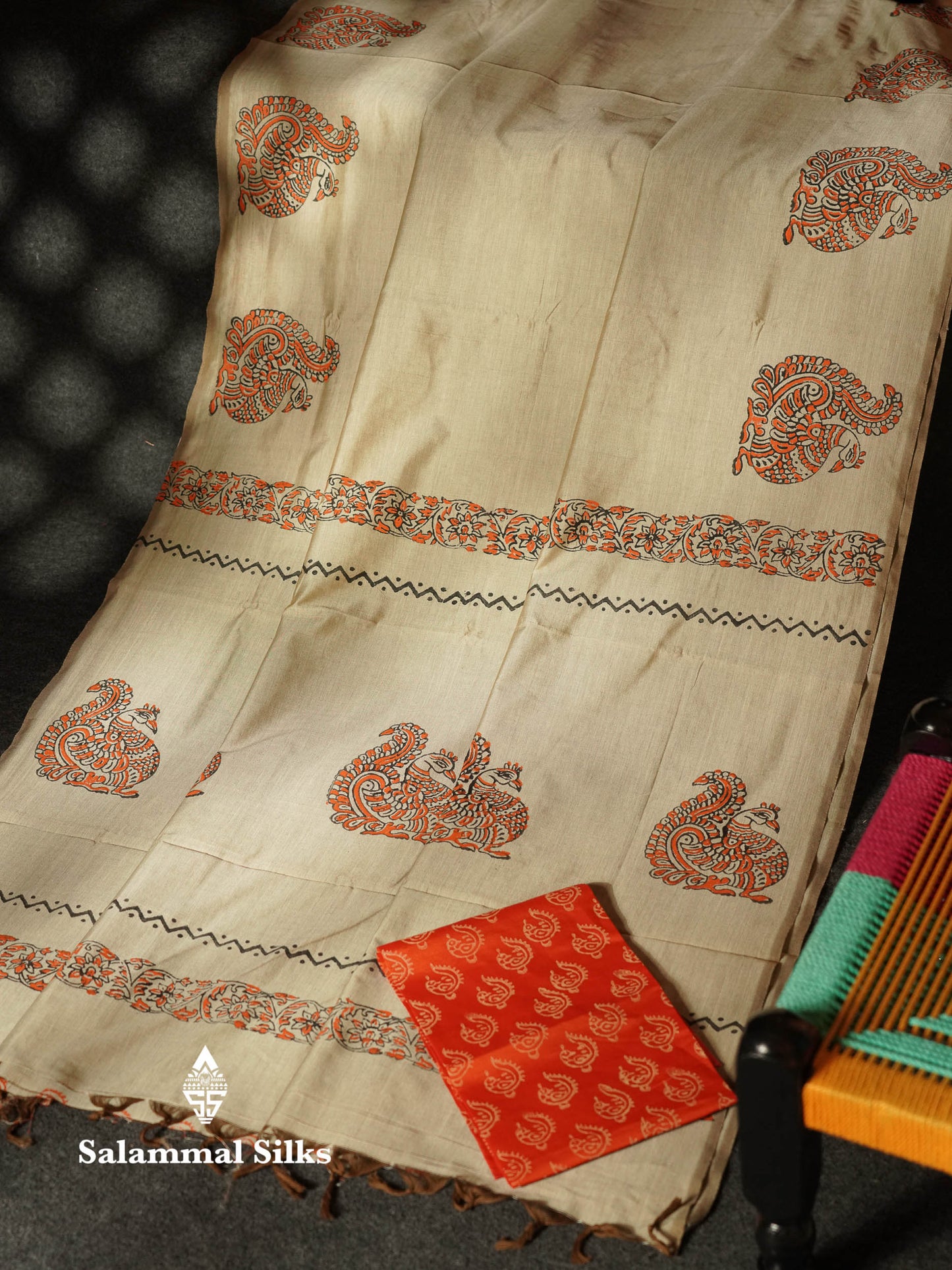 Beautiful Beige Printed South Cotton Saree With Contrast Orange Blouse