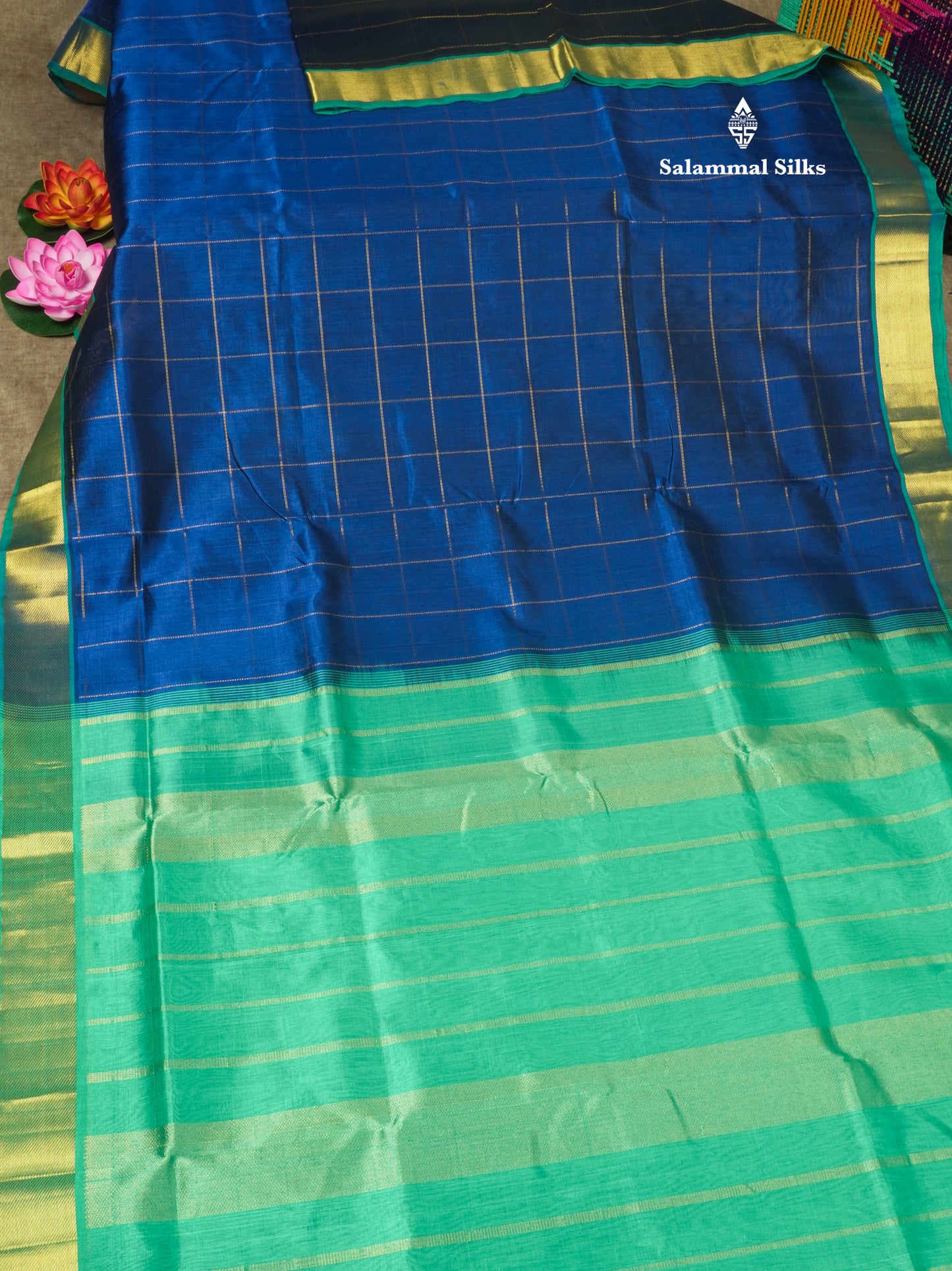 Royal Blue Zari Checks Pure Silk Cotton Saree With Gold Zari Border