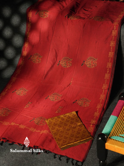 Beautiful Maroon Printed South Cotton Saree With Contrast Mustard Yellow Blouse