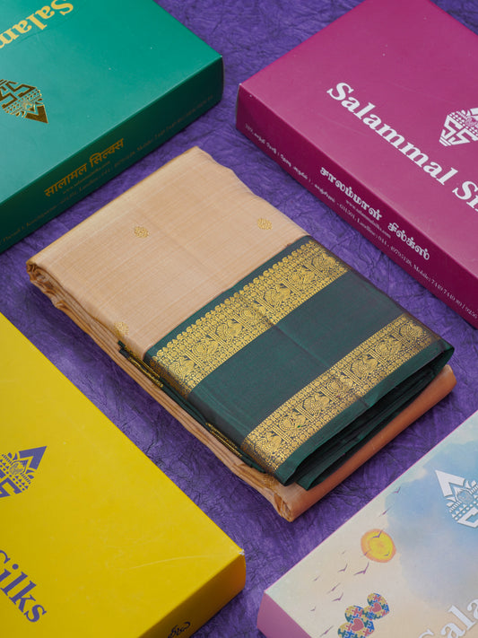 Korvai Beige Pure Kanjivaram Silk Saree With Traditional Bottle Green Double Border