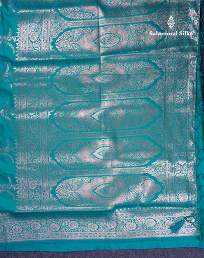 Beautiful Peacock Green Semi Banaras Saree With Fancy Border