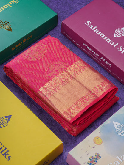 Reddish Pink Vairaoosi Checks And Traditional Buttas Grand Bridal Pure Kanjivaram Silk Saree With Self Border