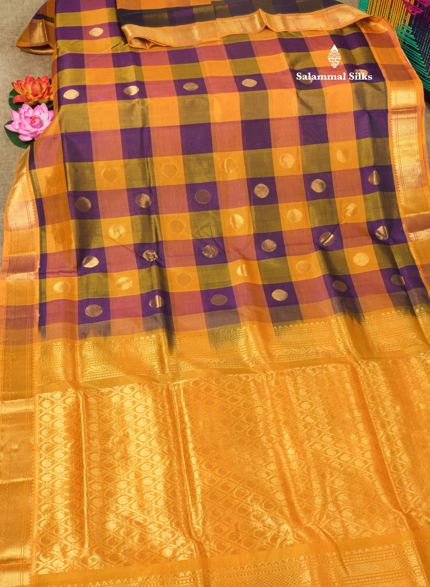 Paalum Pazham Checks Pure Silk Cotton Saree With Contrast Mustard Yellow Border