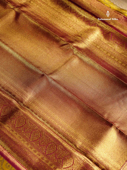 Gold Tissue Bridal Pure Kanjivaram Silk Saree With Contrast Magenta Pink Border