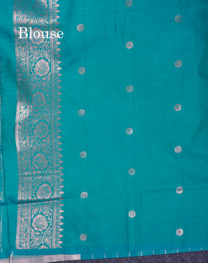 Beautiful Peacock Green Semi Banaras Saree With Fancy Border