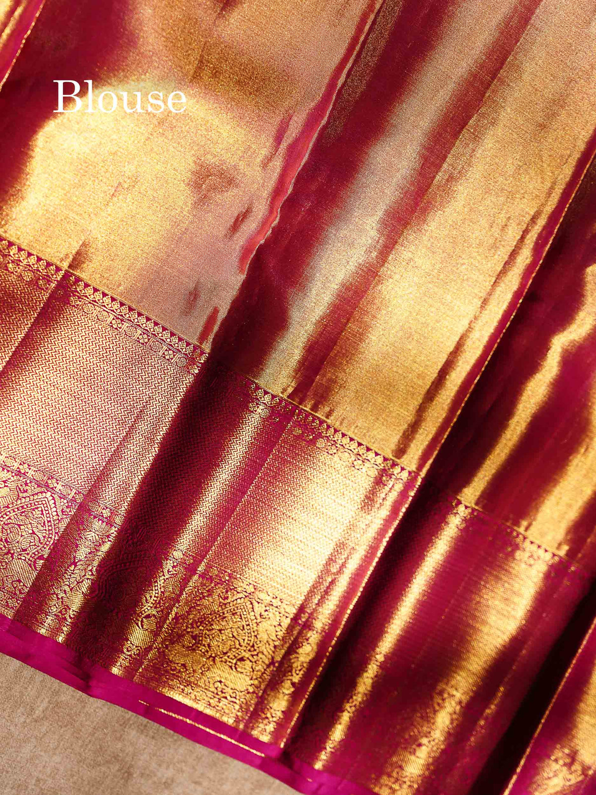 Gold Tissue Bridal Pure Kanjivaram Silk Saree With Contrast Magenta Pink Border