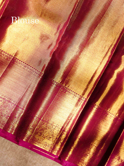 Gold Tissue Bridal Pure Kanjivaram Silk Saree With Contrast Magenta Pink Border